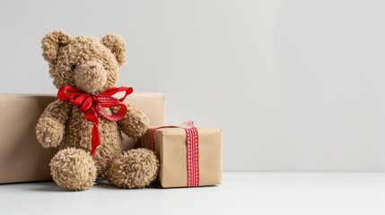 Fototapeta premium Vintage handmade teddy bear beside a gift box on white background Ideal holiday present Focus on bear Close up Plenty of space for text