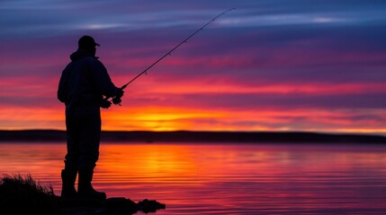 Silhouette of Man Fishing at Sunset