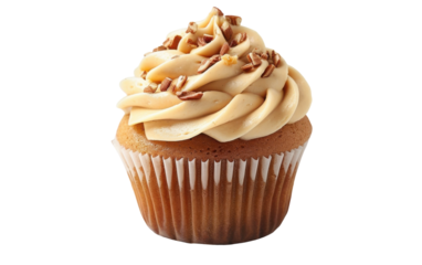 A single cupcake with caramel frosting and pecan sprinkles, isolated against a white background