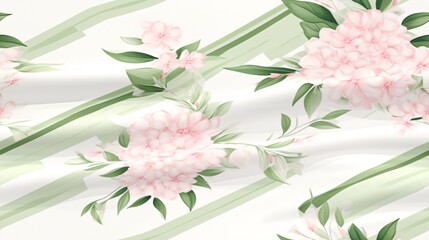 Watercolor fabric stripes with elegant pink Camellia japonica flowers and green leaves, creating a vintage luxury design