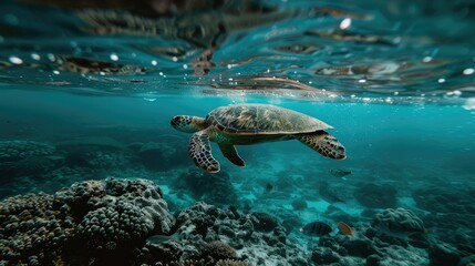 Obraz premium Sea turtle swimming in the deep water