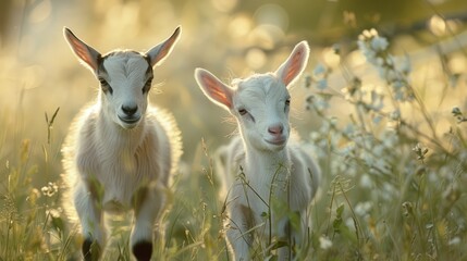 Obraz premium Two baby goat kids stand in long summer grass