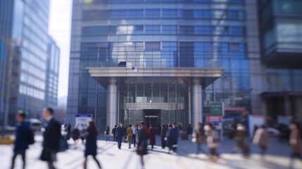 blurry out of focus photo of group of professionals in front of an office building, on a sunny spring day. place is south korea
