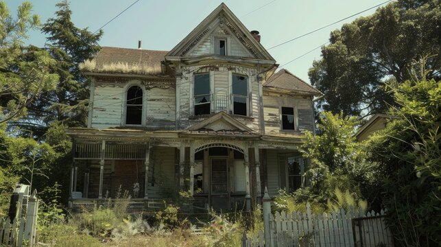 abandoned and boarded up old victorian house