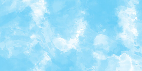 Soft sky blue watercolor splash stroke cloudy background, ocean blue watercolor colorful painting with splashes, blue texture for template, greeting card, invitation card, poster template and design.