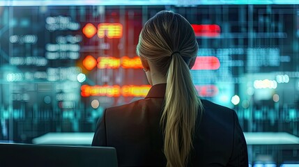 Business lady looking at laptop screen with Operation Error message Entrepreneur experienced system failure during workflow Computer system crash software failure malware Rear view over shoulder