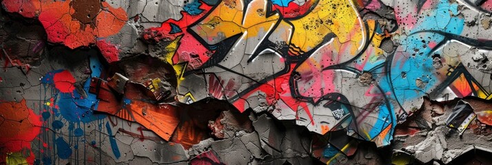 A close-up shot of a cement wall covered in vibrant, colorful graffiti art. The wall is cracked and chipped, revealing the gray concrete beneath