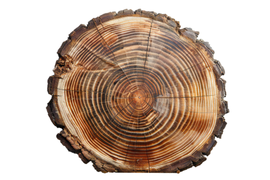 Round cut down tree with annual rings on transparent background Generative Ai