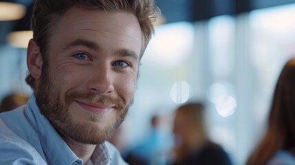 Obraz premium Face smile and a business man in a conference for training or coaching during a workshop in the office Happy seminar and corporate employee in the workplace to listen to a presentation or lecture