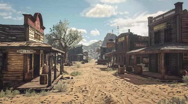 Wild West houses at dusk on a sunny day, creating a nostalgic and picturesque scene.
 Seamless looping 4k time-lapse virtual video animation Generated AI