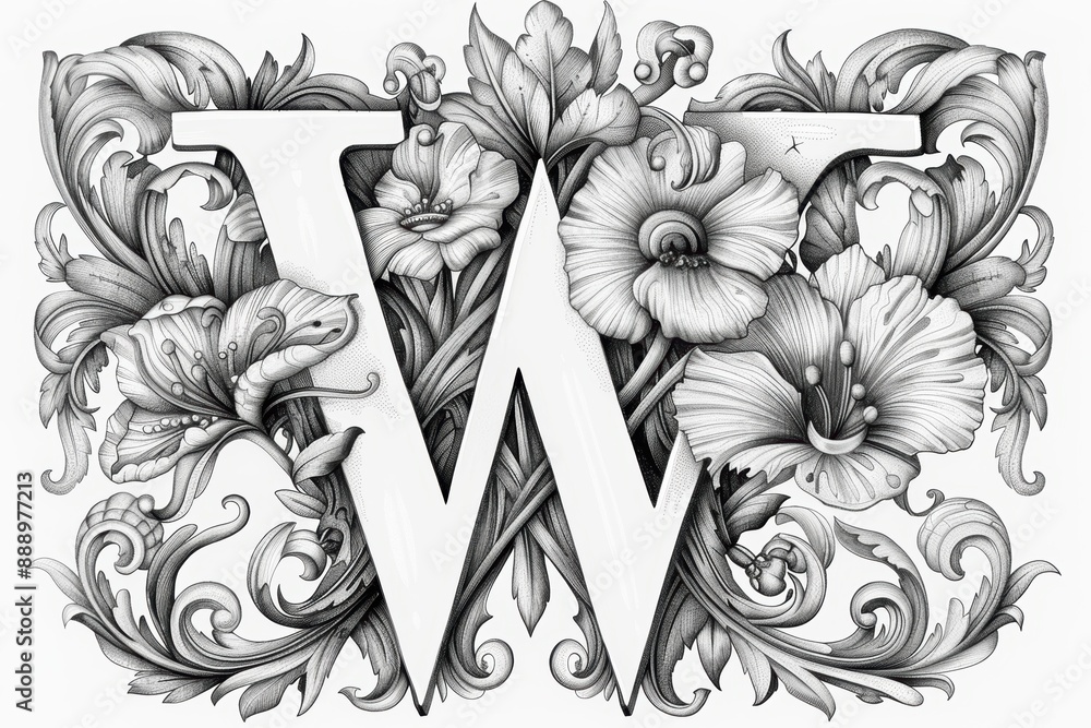 Fototapete a detailed illustration of the letter w adorned with intricate patterns and surrounded by decorative