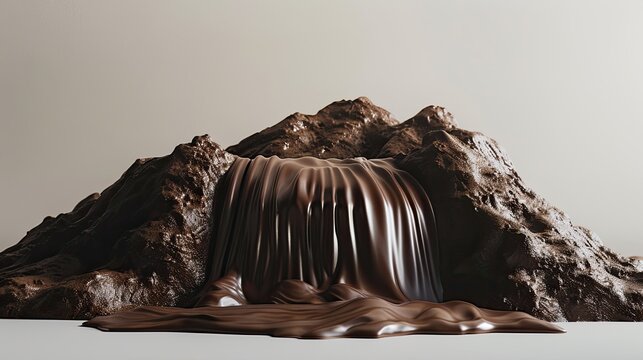 a chocolate landscape with two hills made of chocolate serving as a backdrop for a delicious looking chocolate fall descending in a flow that mimics a waterfall creating a mouthwatering chocolate par