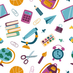 Childrens school. School supplies pattern. Back to school concept. Seamless pattern of school elements.