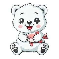 Obraz premium Cute baby polar bear holding a red fish sticker with white outline on transparent background clipart
