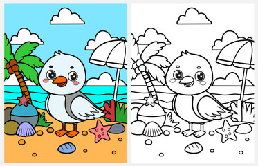 Cute cartoon seagull coloring page for kids, summer coloring pages for kids