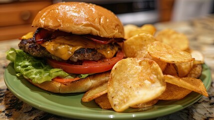 Messy cheeseburger and chips on a green plate