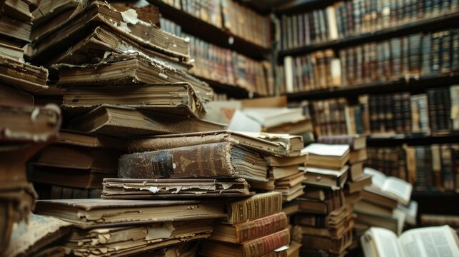 Vintage scribe library Retro futhpak scrolls stacked on a pile View from inside