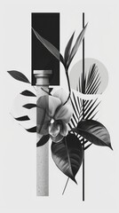 Minimalistic black and white composition featuring a stone pillar, tropical leaves, and a large flower. The design combines geometric shapes and natural elements, creating a modern