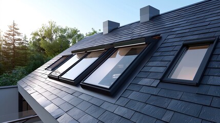 Modern passive house roof with attic skylight windows solar water heater solar panels asphalt shingles