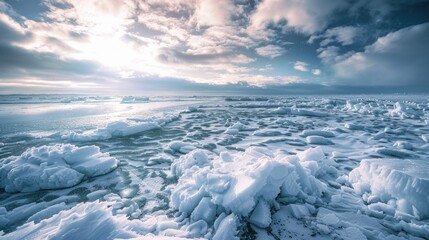 A frozen landscape with a vast body of liquid water covered in ice and snow under a wintry sky An atmospheric phenomenon creating a freezing event on the horizon