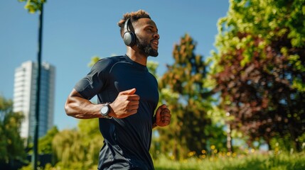 Fototapeta premium A man jogging in a city park, wearing athletic gear and headphones, with green trees and a clear blue sky in the background