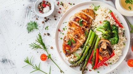 Bolw with fried chicken breasts rice brocoli wild asparagus mushrooms red peppers on a white table
