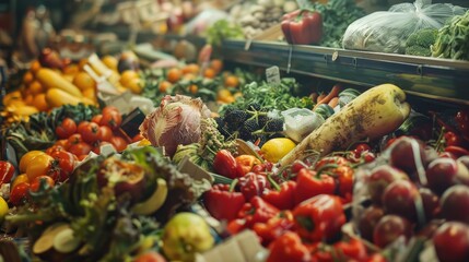 Food Waste in Grocery Store Retail Discarded unsold damaged fruits and vegetables in packages Food produced is wasted