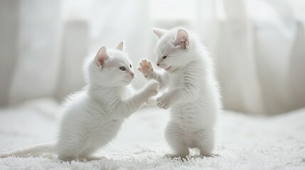 Two little cute white kittens play with each other