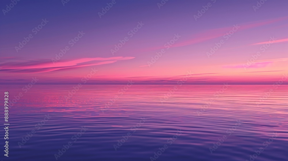 Wall mural the image depicts a tranquil scene with a body of water under a gradient sky transitioning from purp