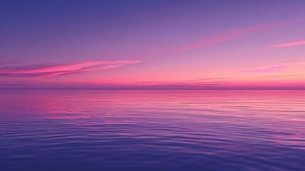 The image depicts a tranquil scene with a body of water under a gradient sky transitioning from purple to pink hues and then to a dark blue