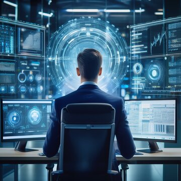 Ein futuristisches Bild eines m&auml;nnlichen IT-Spezialisten, der in einem modernen B&uuml;ro vor mehreren Computermonitoren sitzt. Holografische Daten und Grafiken sind um ihn herum projiziert