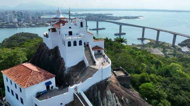 Penha Convent At Vitoria Espirito Santo Brazil. Aerial View Of A High-Rise Buildings And Traffic Showcasing Urban Life. Town Sky Clouds Backgrounds Urban. Town Outdoors Panoramic City.