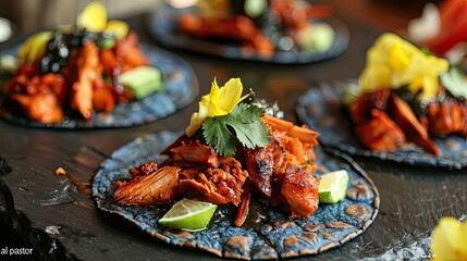Tacos al pastor made with homemade blue tortillas Mexican food