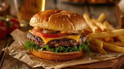 A gourmet cheeseburger with fresh lettuce ripe tomatoes and a side of crispy fries accompanied by a cold craft beer on a rustic wooden table