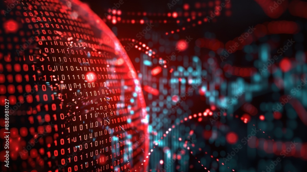 Poster a red and blue computer screen with a red ball in the middle. the ball is surrounded by a bunch of n