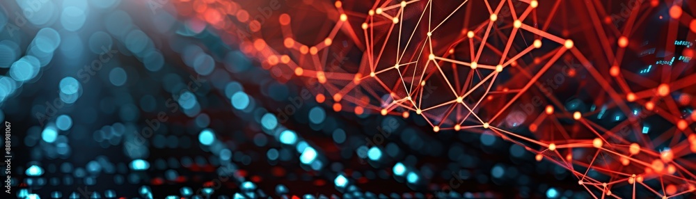 Poster a red and blue computer screen with a red ball in the middle. the ball is surrounded by a bunch of n