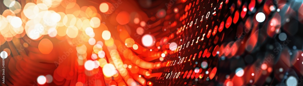 Poster a red and blue computer screen with a red ball in the middle. the ball is surrounded by a bunch of n