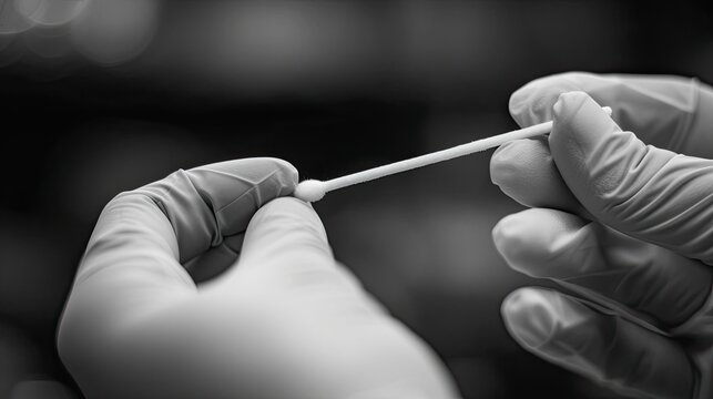 One Cotton stick for swab test in hand with nitrile medical gloves or latex glove on black and white picture close up - Powered by Adobe