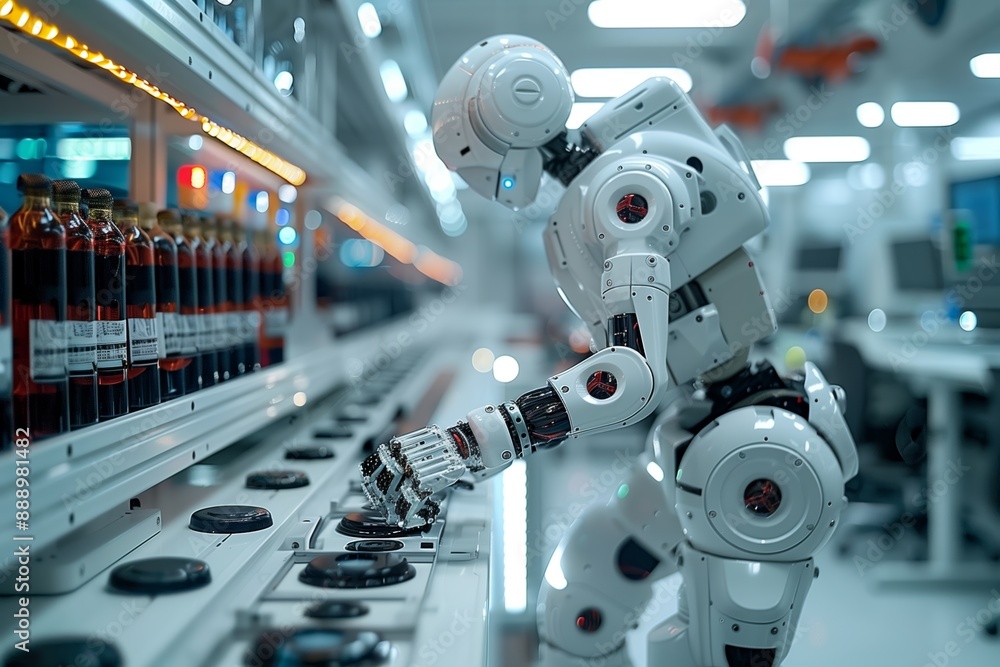Poster white robot operating production line in modern factory