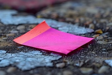 Vibrant Pink Sticky Note on Wet Pavement Surface - Concept of Street Art and Urban Expression