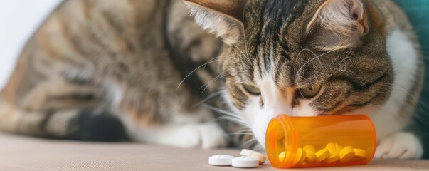 Cat examining a pill bottle in a homey pet care setting, pet pharmacy