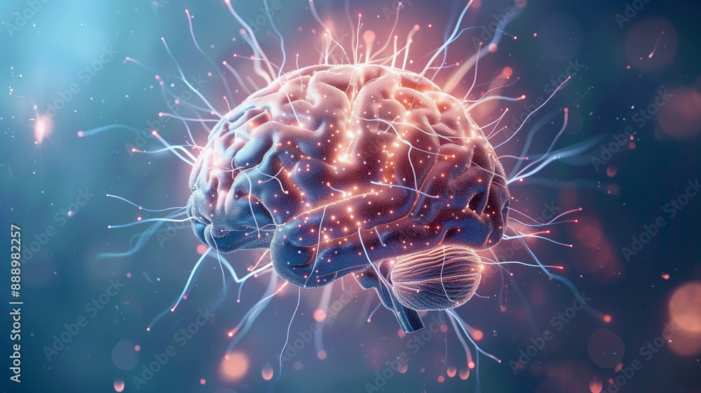 Poster a brain is shown in a colorful, abstract style with many lights surrounding it. concept of wonder an