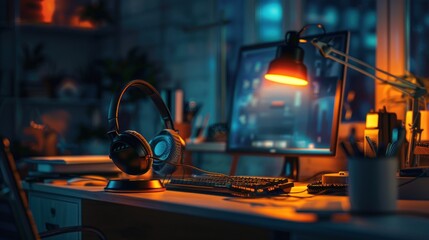 Gaming Setup in a Dimly Lit Room