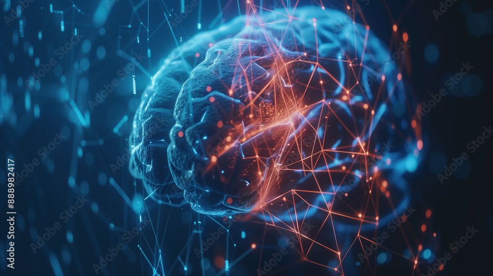 Poster a brain is shown in a colorful, abstract style with many lights surrounding it. concept of wonder an
