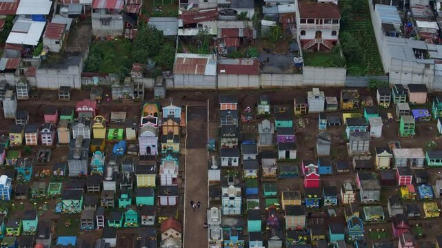 Aerial view of vibrant and colorful residential district during cultural festival in Sumpango, Sacatepequez, Guatemala.