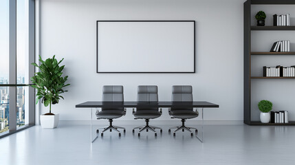 Modern office with a long black desk, interview room, concept of workspace