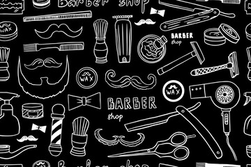 Seamless pattern of barbershop tools. Wax, barber pole, azor, face razor, shaving razor, beard, bow-tie, mustache, scissors, men's butterfly, hair dryer, manual razor. Hairdresser. Isolated on black
