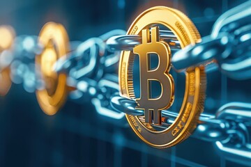 Golden Bitcoin coins linked together by a metal chain, symbolizing the security and interconnectedness of cryptocurrency.
