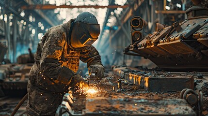 Industrial Worker in Protective Gear Welding Military Tank in Factory Workshop, Heavy Machinery Maintenance and Defense Manufacturing