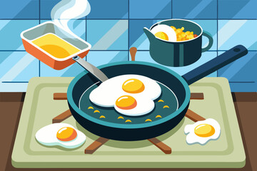 scrambled eggs are fried in a pan on a gas stove silhouette vector illustration 